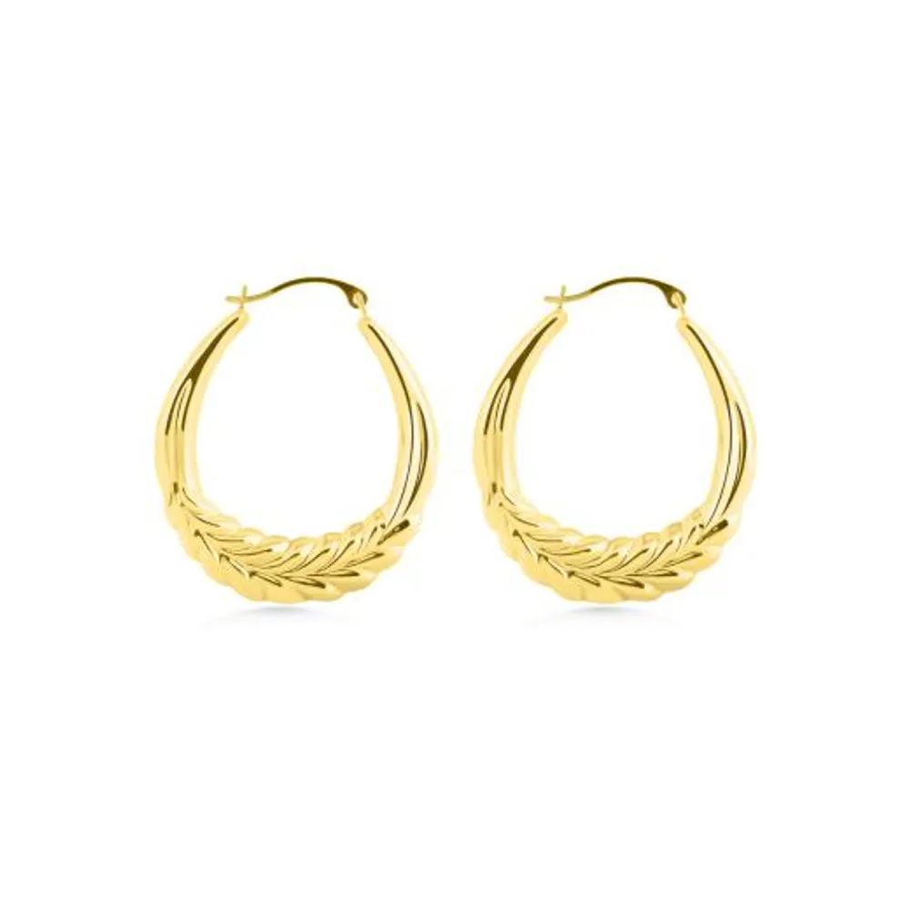 14K Yellow Gold Round Leaf Pattern Creole Hoops