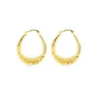 14K Yellow Gold Round Leaf Pattern Creole Hoops