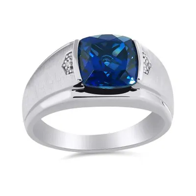 10K White Gold Men's Created Sapphire & Diamond Accent Ring
