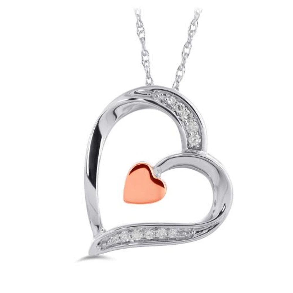 Sterling Silver 10K Rose Gold 0.04CTW Heart Pendant