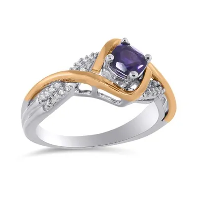 Sterling Silver 10K Rose Gold Amethyst & Diamond Ring