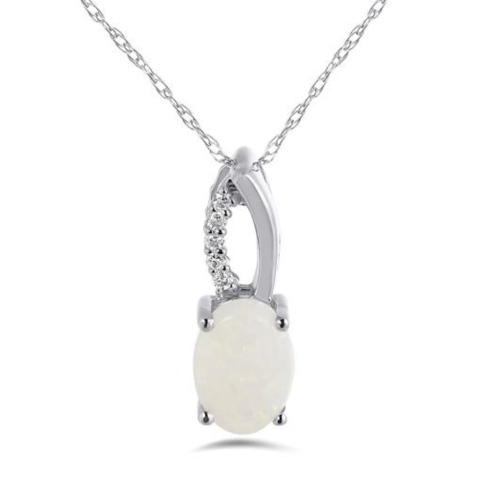 10K White Gold Opal & Diamond Pendant with Chain