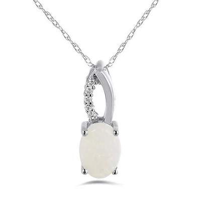 10K White Gold Opal & Diamond Pendant with Chain