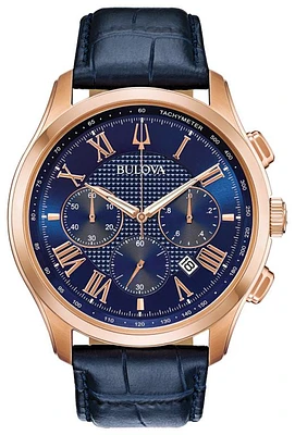 Bulova Men's Rose Gold Blue Dial Blue Leather Strap Classic Watch