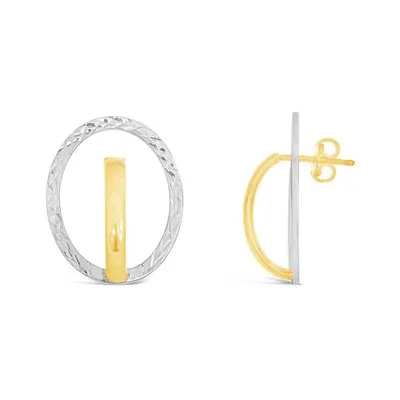 10K White Gold Oval Earrings with Yellow Gold Semi Hoops