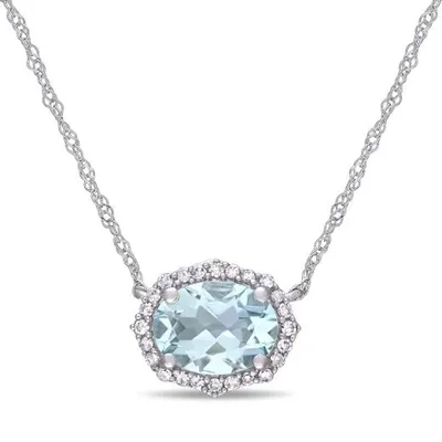 Julianna B 10K White Gold 0.10CTW Diamond & Aquamarine Vintage Halo Necklace