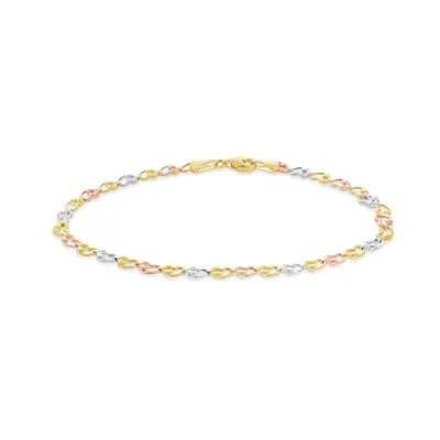 10K Yellow White and Rose Gold Hearts Bracelet