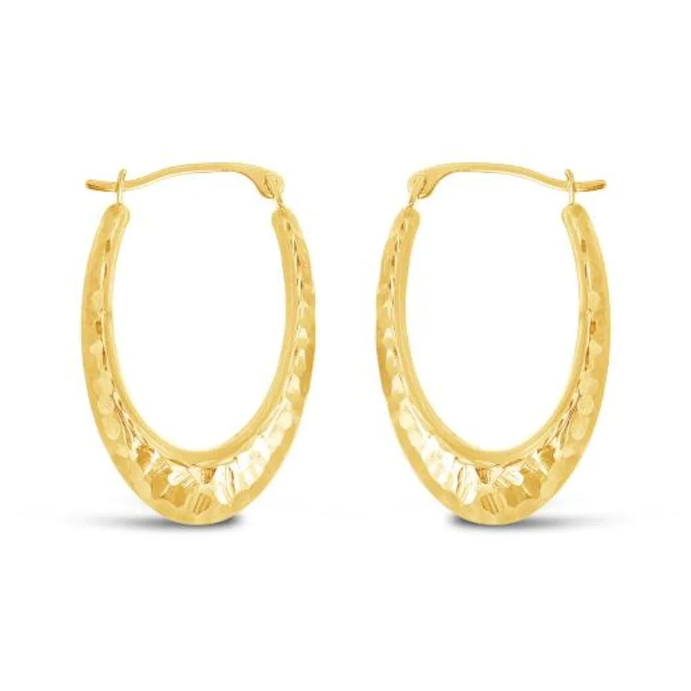 10K Yellow and White Gold Diamond Cut Oval Creole Hoops