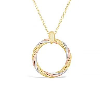 10K Yellow White and Rose Gold 17+1" Twisted Circle Pendant