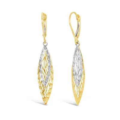 10K Yellow and White Gold Diamond Cut Dangle Earrings