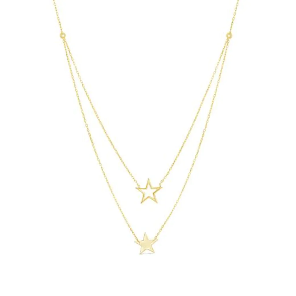 10K Yellow Gold Double Star Layers Necklace
