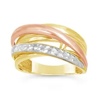 10K Yellow White and Rose Gold Diamond Cut Layered Ring
