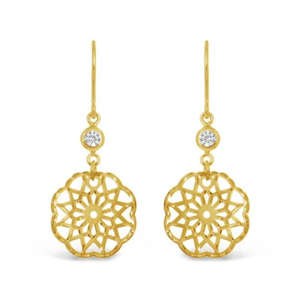 10K Yellow Gold Diamond Cut Flower Dangle Earrings