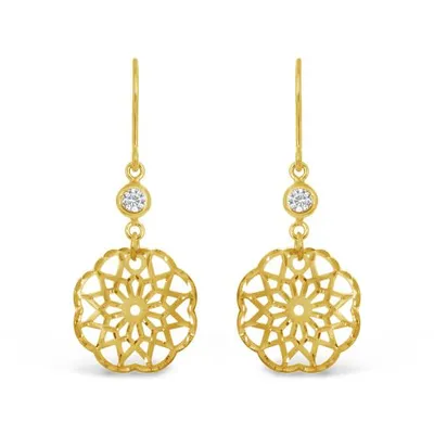 10K Yellow Gold Diamond Cut Flower Dangle Earrings