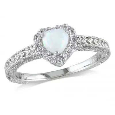 Julianna B Sterling Silver Opal and 0.14CT Diamond Heart Halo Ring