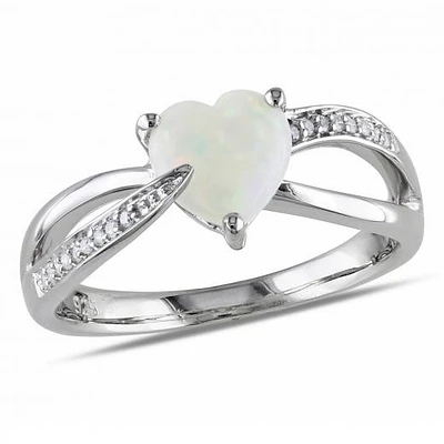 Julianna B Sterling Silver Opal and Diamond Heart Crossover Ring