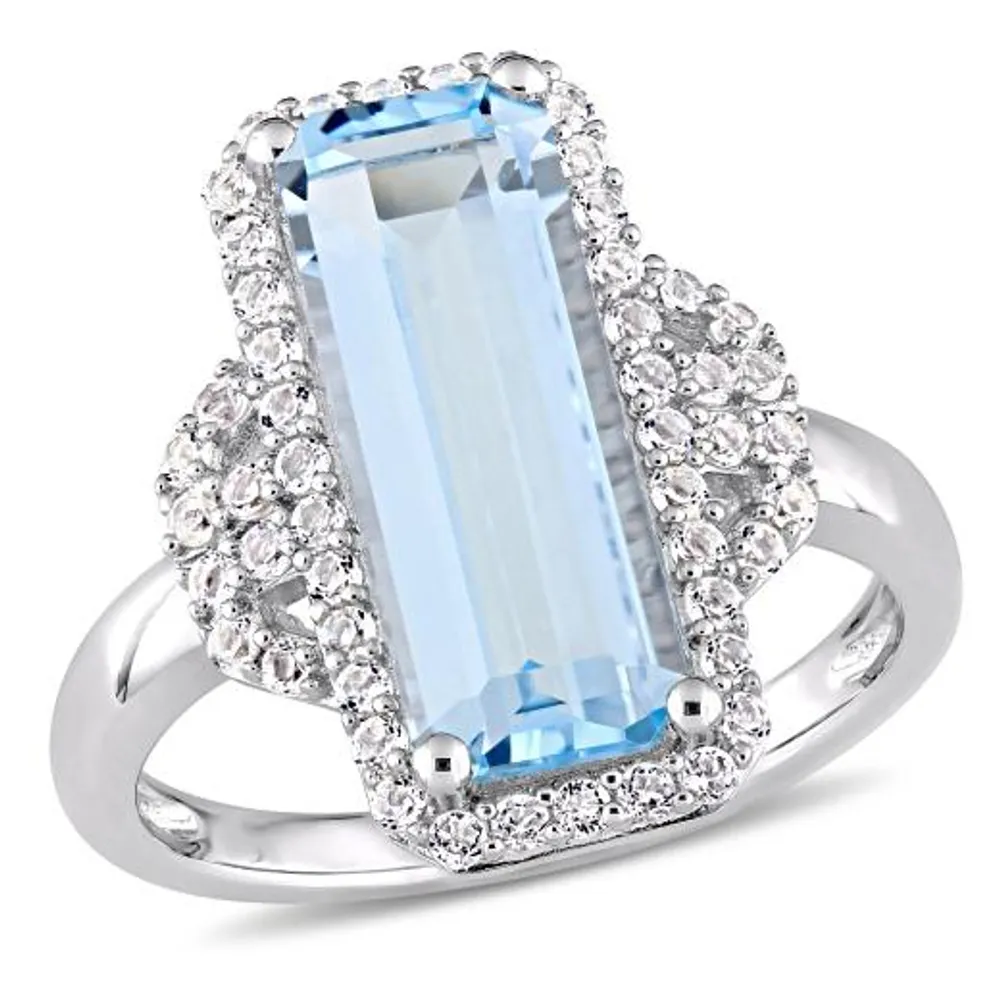 Julianna B Sterling Silver Octagon Cut Blue Topaz and White Halo Ring