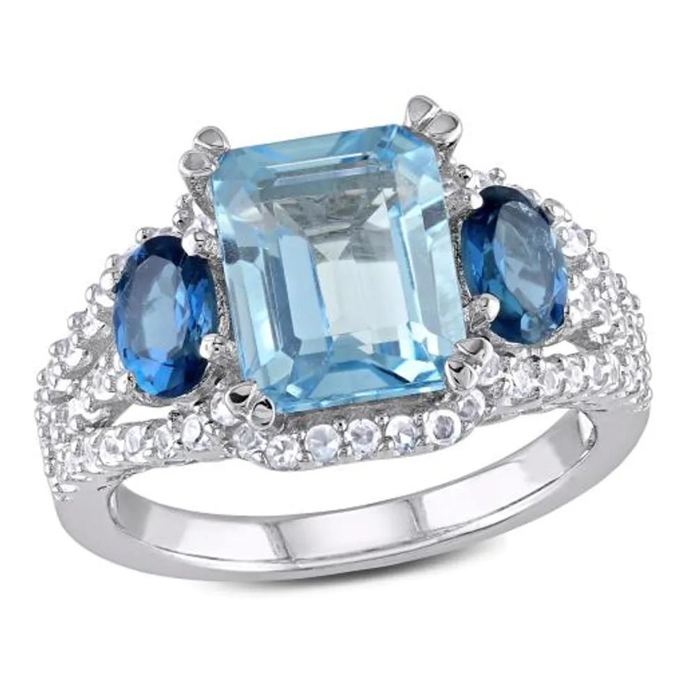 Julianna B Sterling Silver Blue Topaz & Created White Sapphire Three Stone Ring