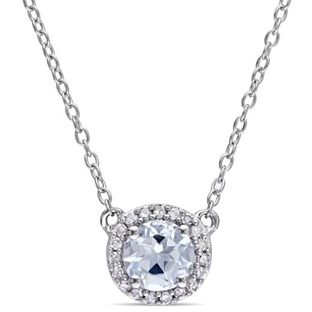 Julianna B Sterling Silver 0.10CTW Diamond and Aquamarine Halo Necklace