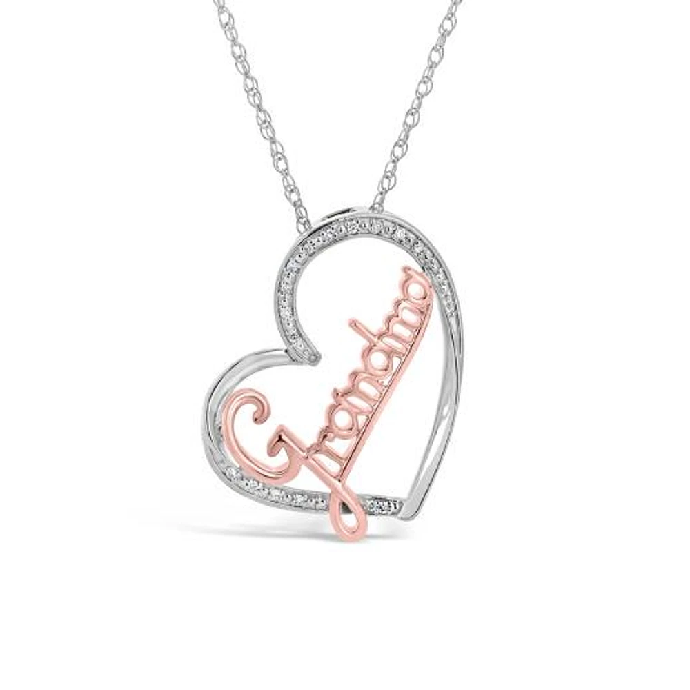 Sterling Silver 10K Rose Gold 0.05CTW Diamond Grandma Heart Pendant