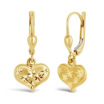 10K Yellow Gold Lever Back Heart Drop Earrings