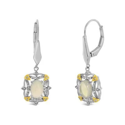 Sterling Silver 10K Yellow Gold Opal & 0.15CTW Diamond Earrings