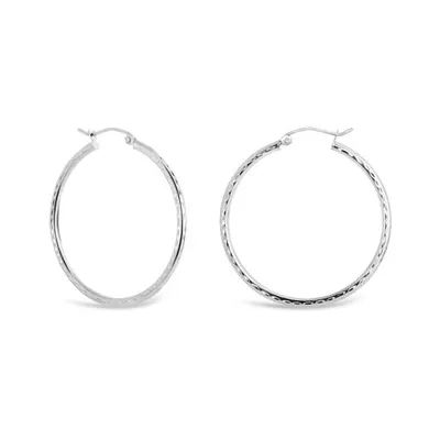 10K White Gold 2x30mm Diamond Cut Hoop Earrings