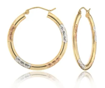 10K Tri-Colour Gold Diamond Cut Tube Hoop Earrings