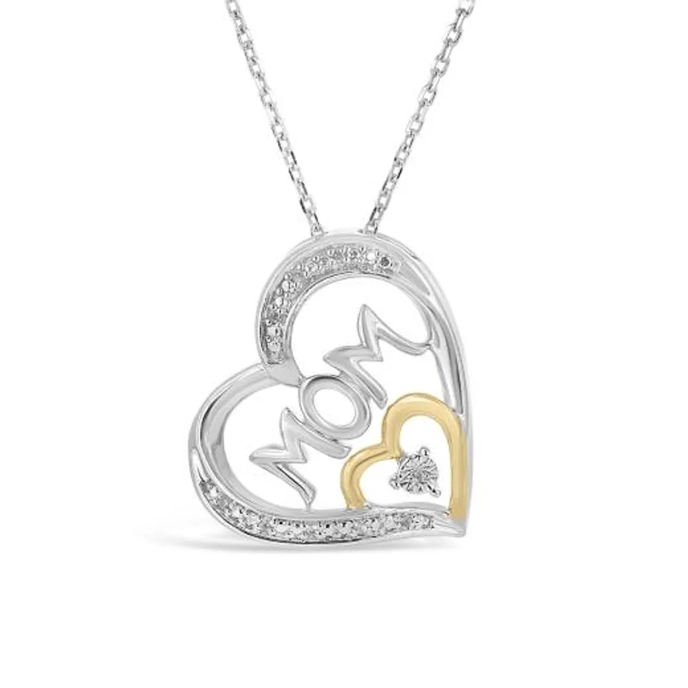 Sterling Silver & 10K Yellow Gold 0.03CTW Diamond Heart Mom Pendant