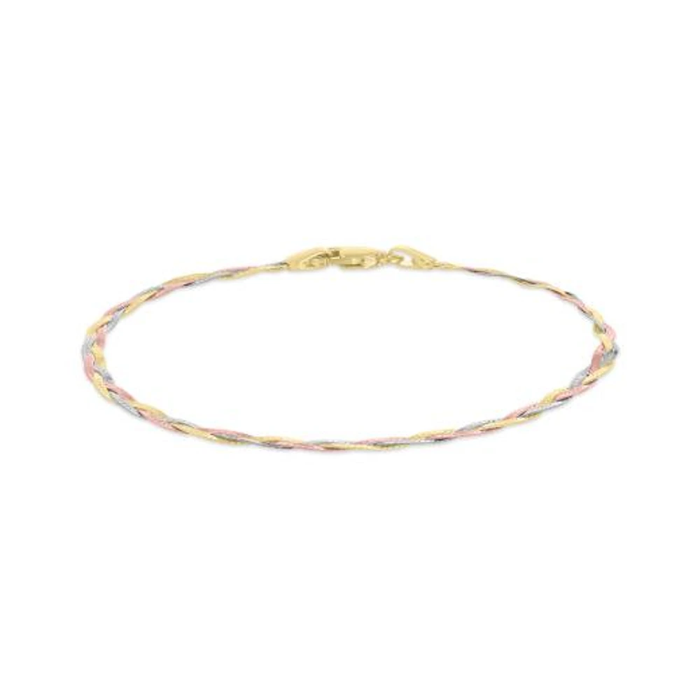 10K Tri-Colour Gold 7.5" 2.7mm Three Strands Braid Bracelet