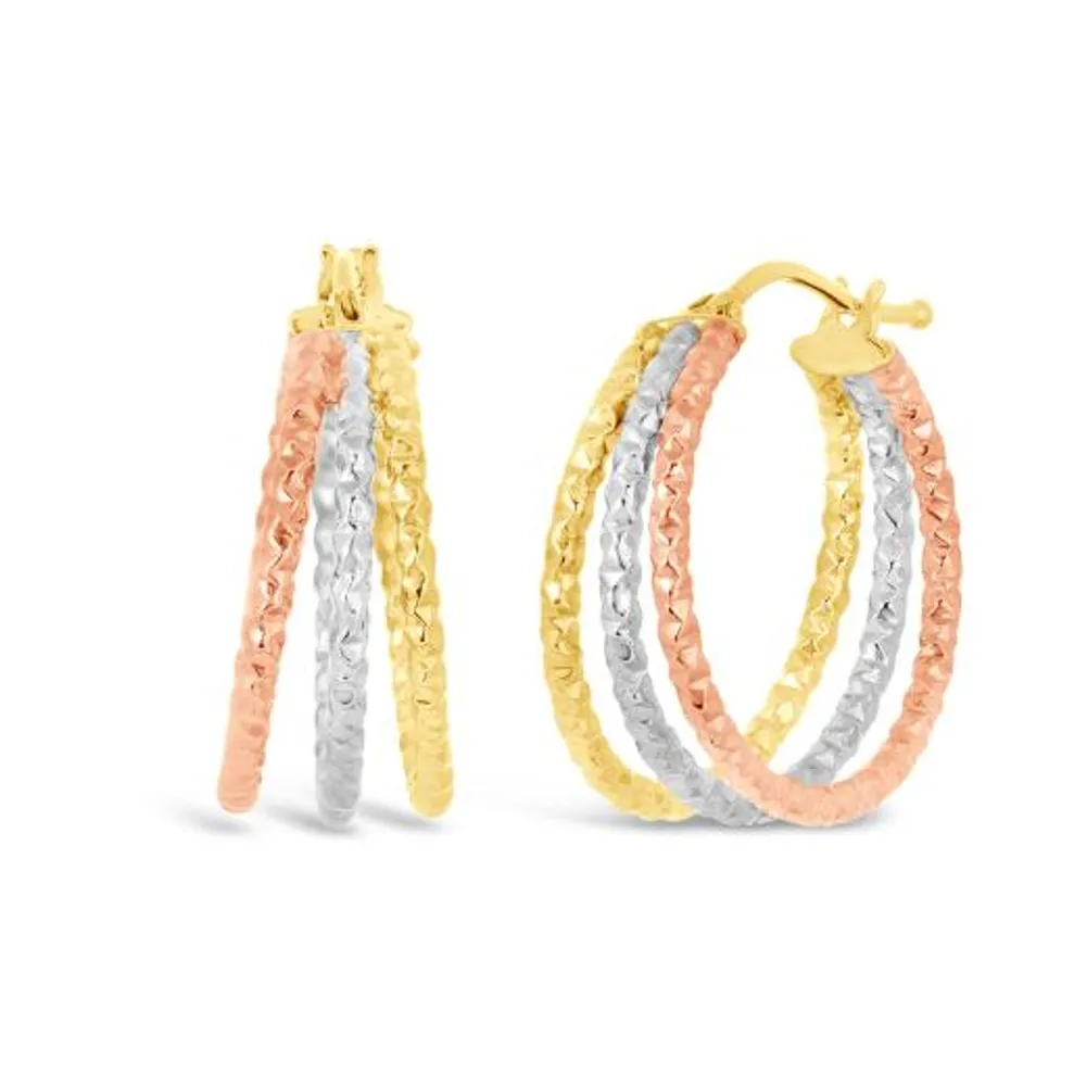 10K Tri-Colour Three Tubes Diamond-Cut Hoop Earrings