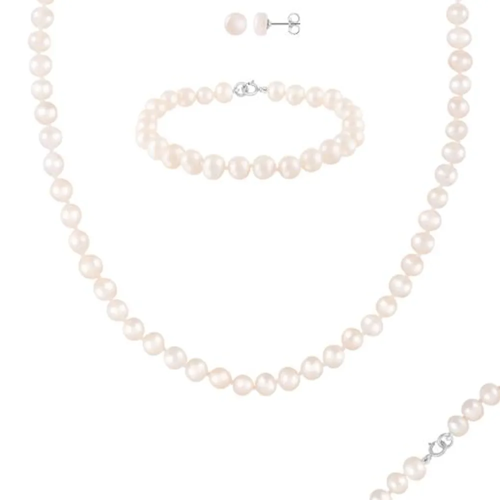 Sterling Silver 6-7mm White Freshwater Pearl Necklace, Bracelet and Earrings Set