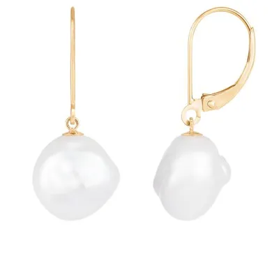 14K Yellow Gold 9-10mm Keshi Pearl Leverback Earrings