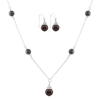 Sterling Silver Black Freshwater Pearl 18" Necklace and Earrings Set