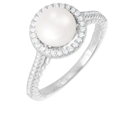 Sterling Silver 7.5-8mm Freshwater Pearl and Cubic Zirconia Ring