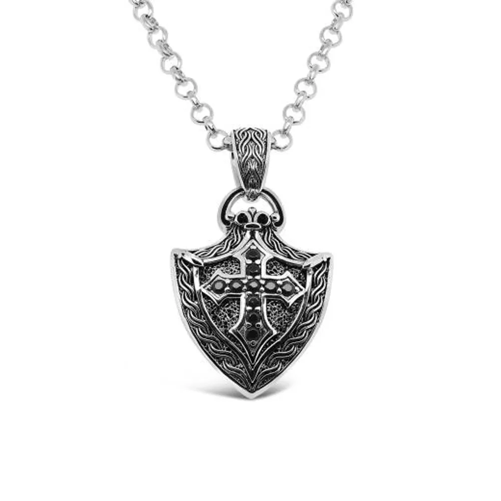 Sterling Silver Cubic Zirconia Cross Shield Pendant with 24" Rolo Chain