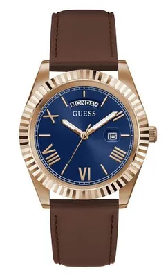 Guess Men's Rose Gold-Tone and Brown Leather Watch