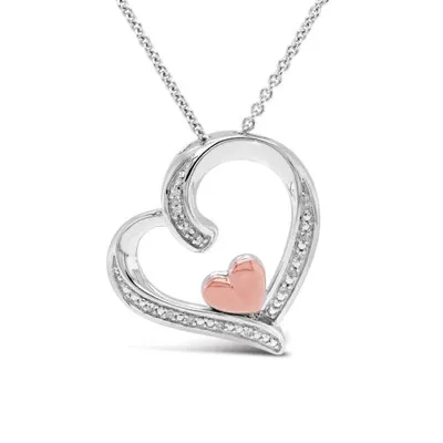 Sterling Silver 10K Rose Gold Diamond Heart Pendant