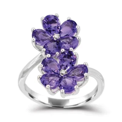 Sterling Silver Amethyst & Diamonds Flower Ring