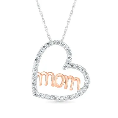 Sterling Silver & 10K Rose Gold 0.29CTW Diamond Mom Heart Pendant