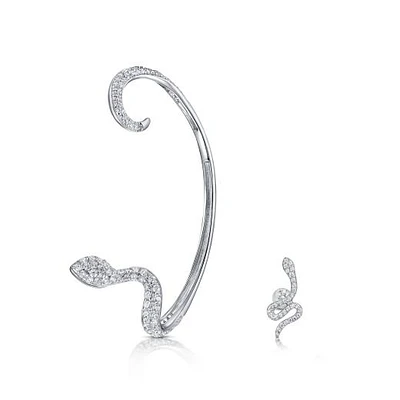 Sterling Silver Cubic Zirconia Left Snake Ear Cuff and Stud