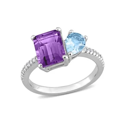Julianna B Sterling Silver 0.10CT Diamond, Blue Topaz & Amethyst Ring