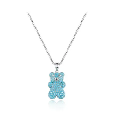 Sterling Silver 19" Blue Cubic Zirconia Gummy Bear Pendant with Adjustable Chain