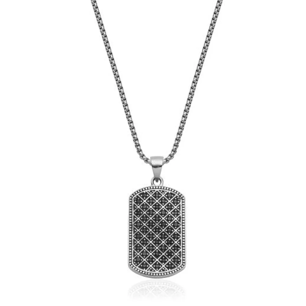 Stainless Steel 24" Tag Pendant with Black Cubic Zirconia