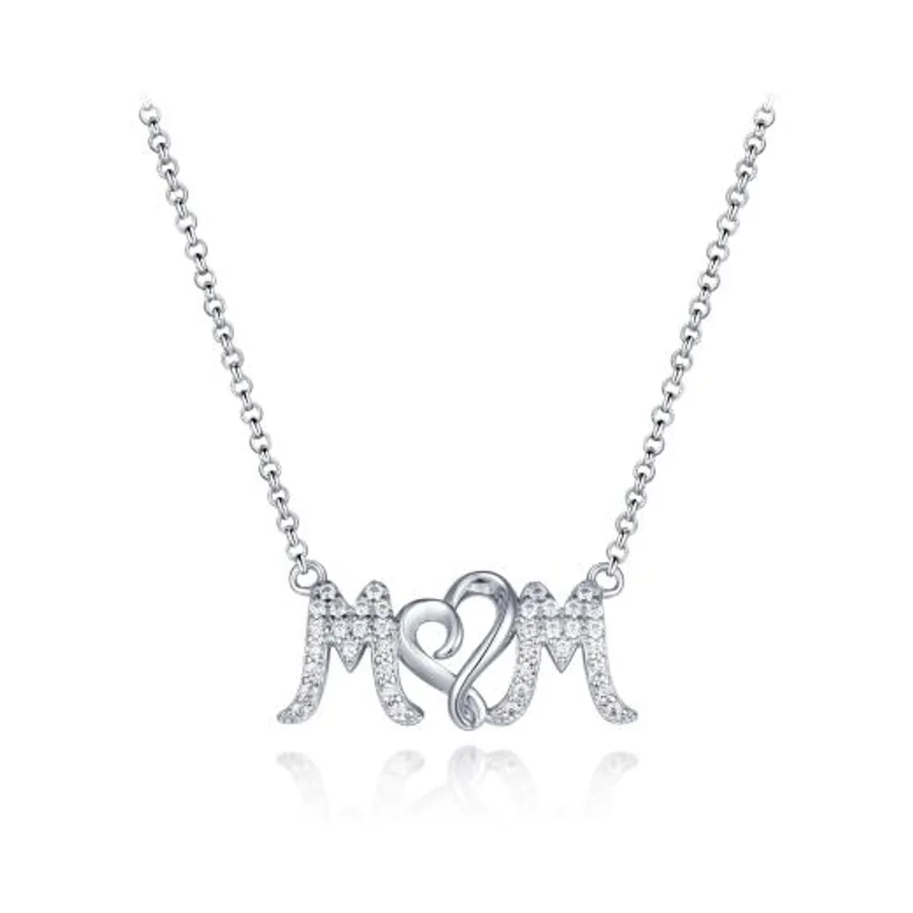 Sterling Silver Cubic Zirconia 19" Mom Heart Necklace