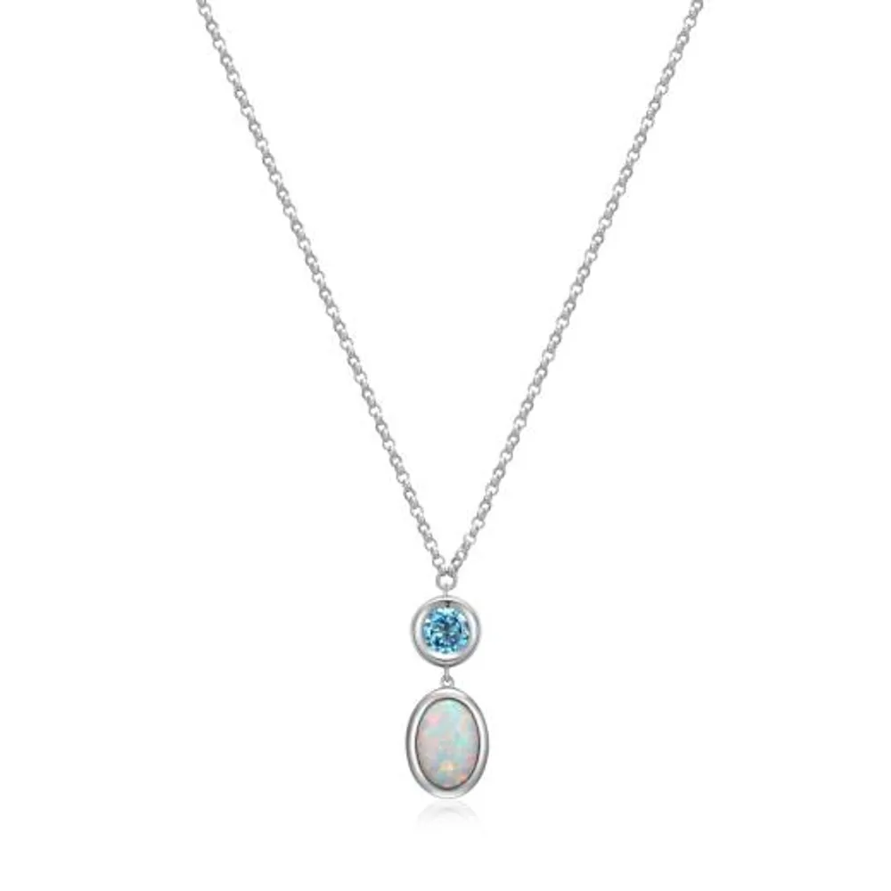 Elle Mirage Sterling Silver with Blue Topaz & Opal Pendant 17" + 3" Necklace