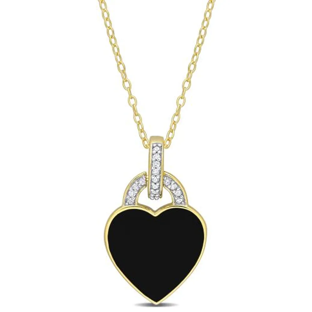 Julianna B Sterling Silver Yellow Plated Diamond and Black Enamel Heart Pendant