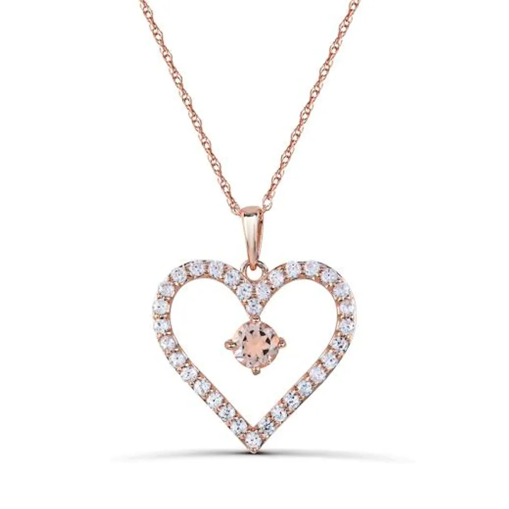 10K Rose Gold Morganite and White Zircon Heart 18" Pendant