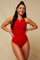 High Tide Zip-Front Rib One-Piece Swimsuit