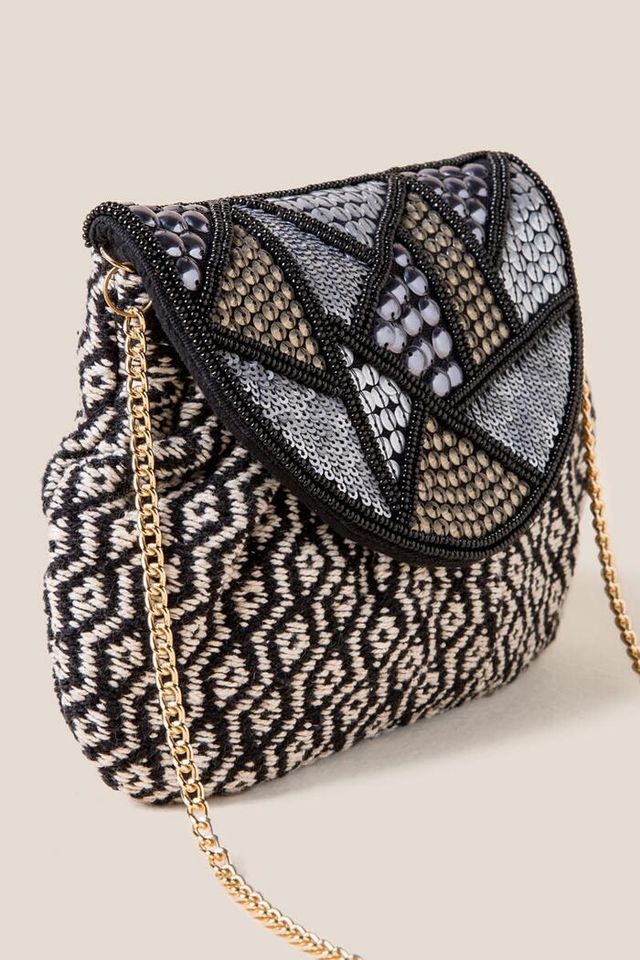 Geometric Black & Gold Beaded Clutch Bag